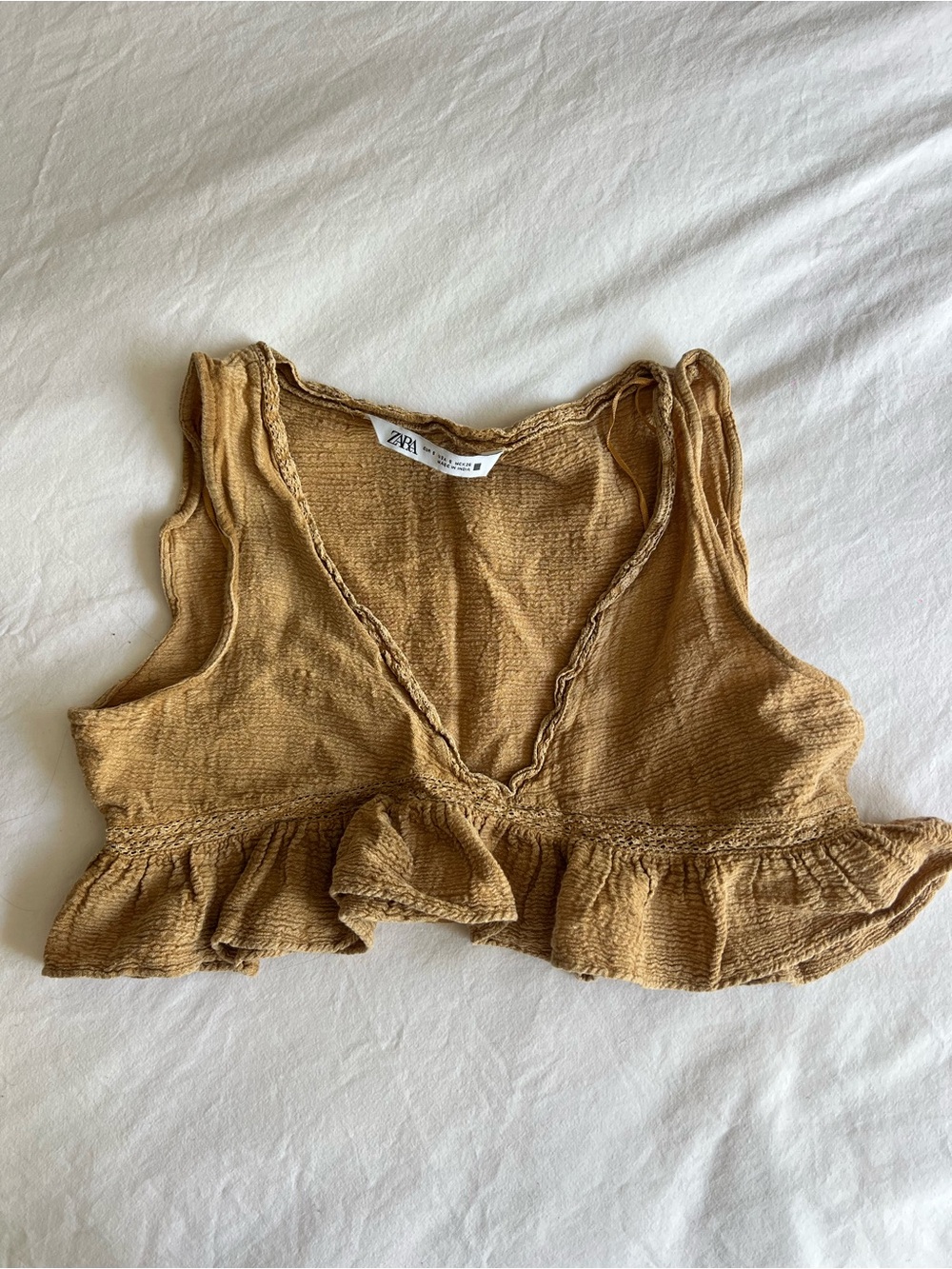 Zara Mustard Textured Ruffle Crop Top